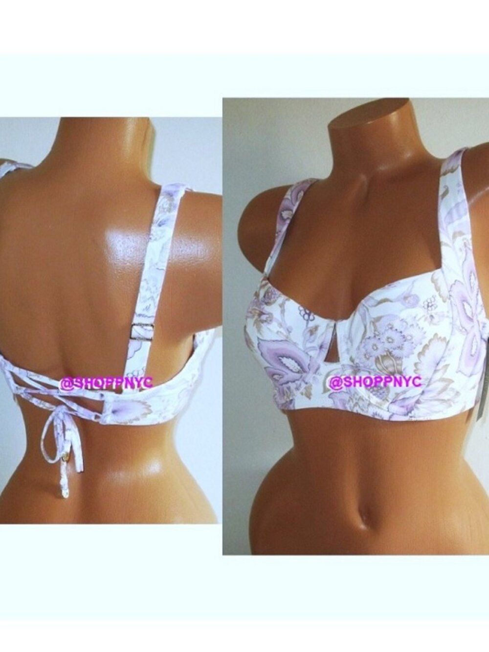 34DD VICTORIA SECRET SWIM Lace-Up Back Strappy Bikini Top Pink Violet Floral